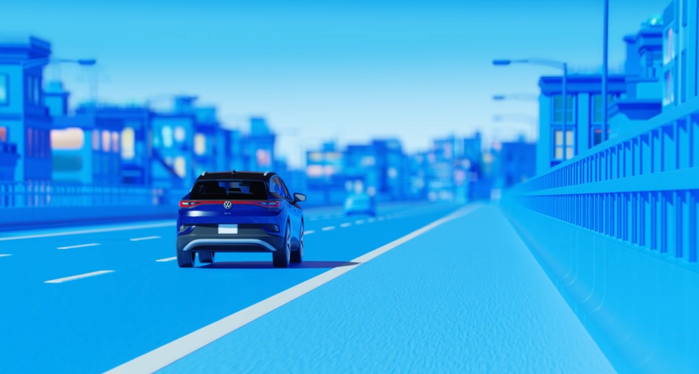 Illustration of a car driving along a blue-toned city highway