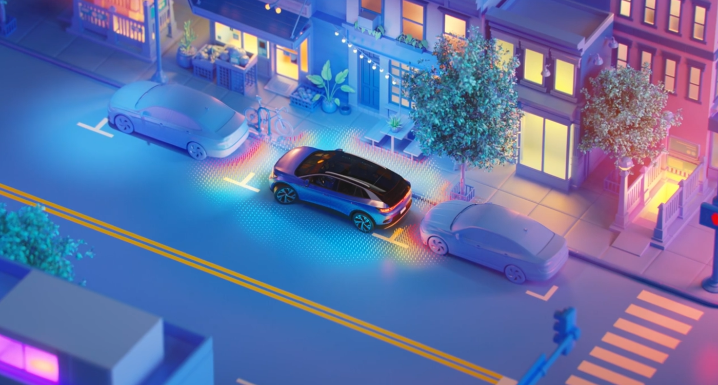 Illustration of a car parking on a city street with camera zones shown around it