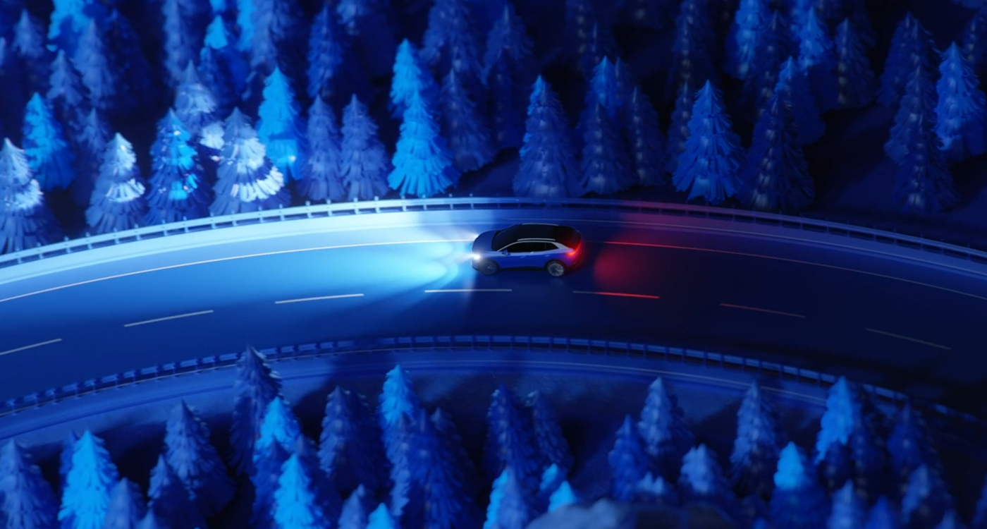 Illustration of a car lighting up a curving forest road at night