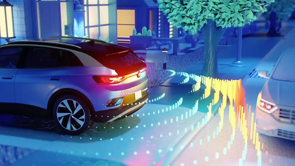Illustration of a car at night with driver assistance sensor waves reaching the car beside it