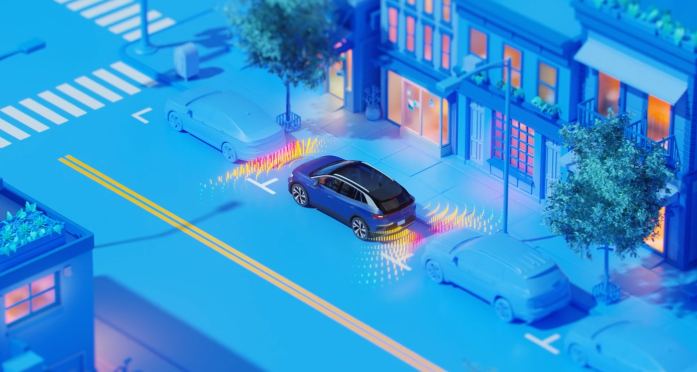 Illustration of a car reversing into a parking space with sensor waves at its rear