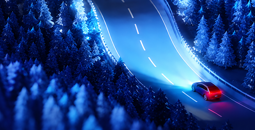 Illustration of a car driving a glowing road through a blue forest at night