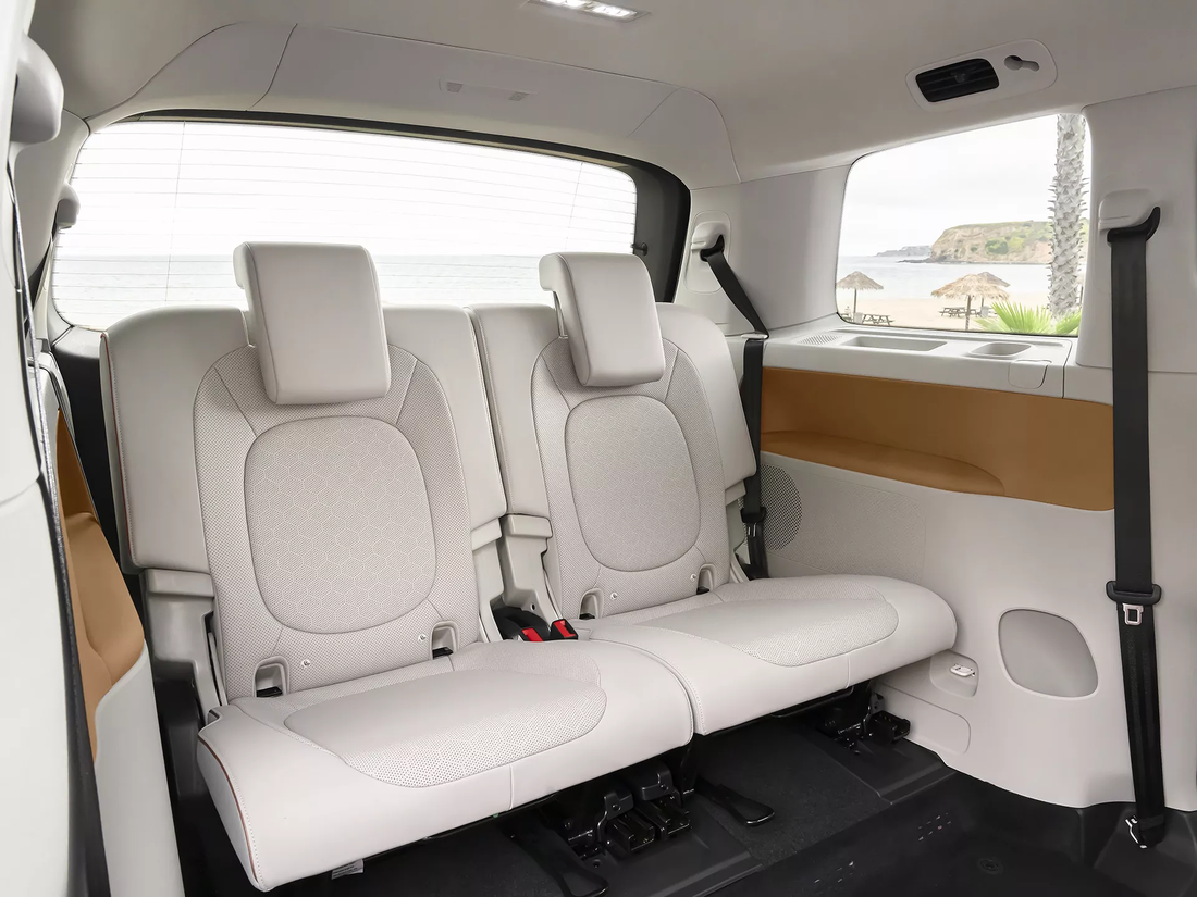 Light-colored third-row bench seat inside the ID. Buzz