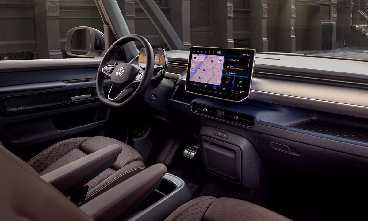 Moonlight interior of the ID. Buzz with dark seats and the touchscreen