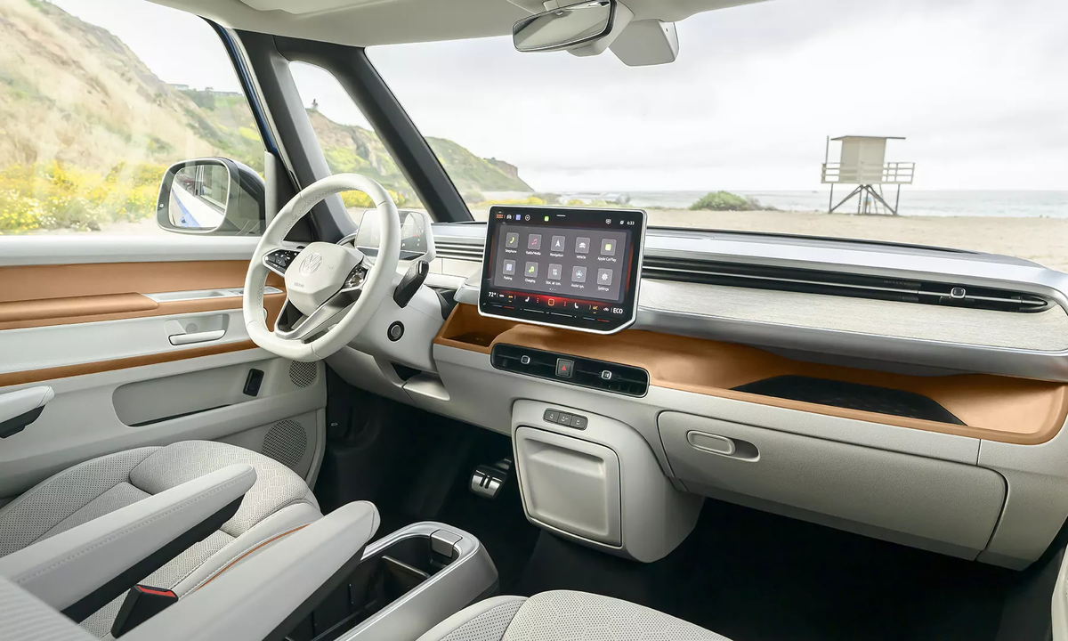 Dune interior of the ID. Buzz with light seats and wood-tone trim