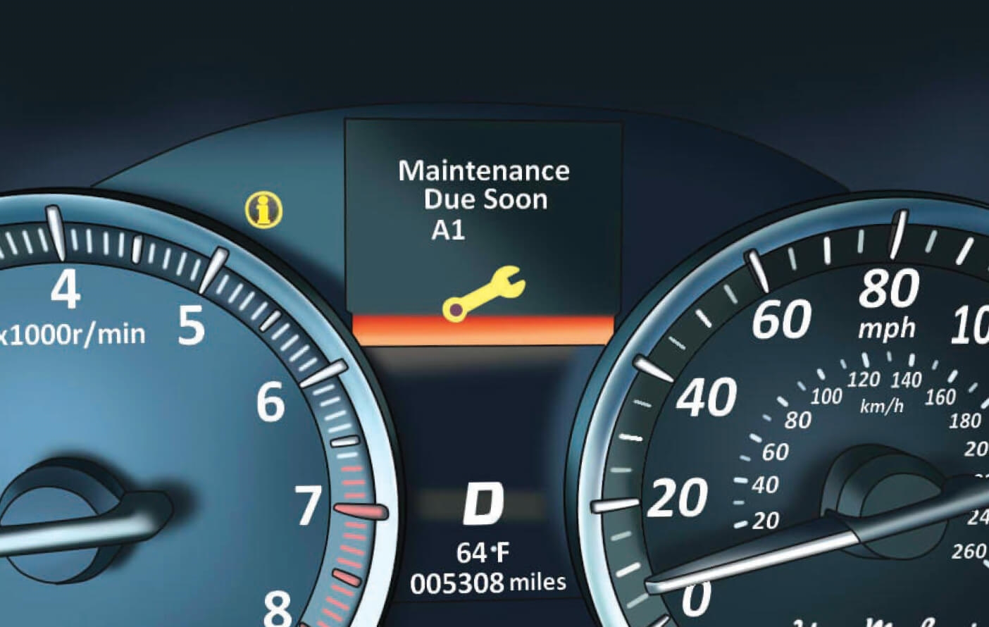 A close-up shot of an Acura dashboard with the maintenance light showing Maintenance Due Soon A1.