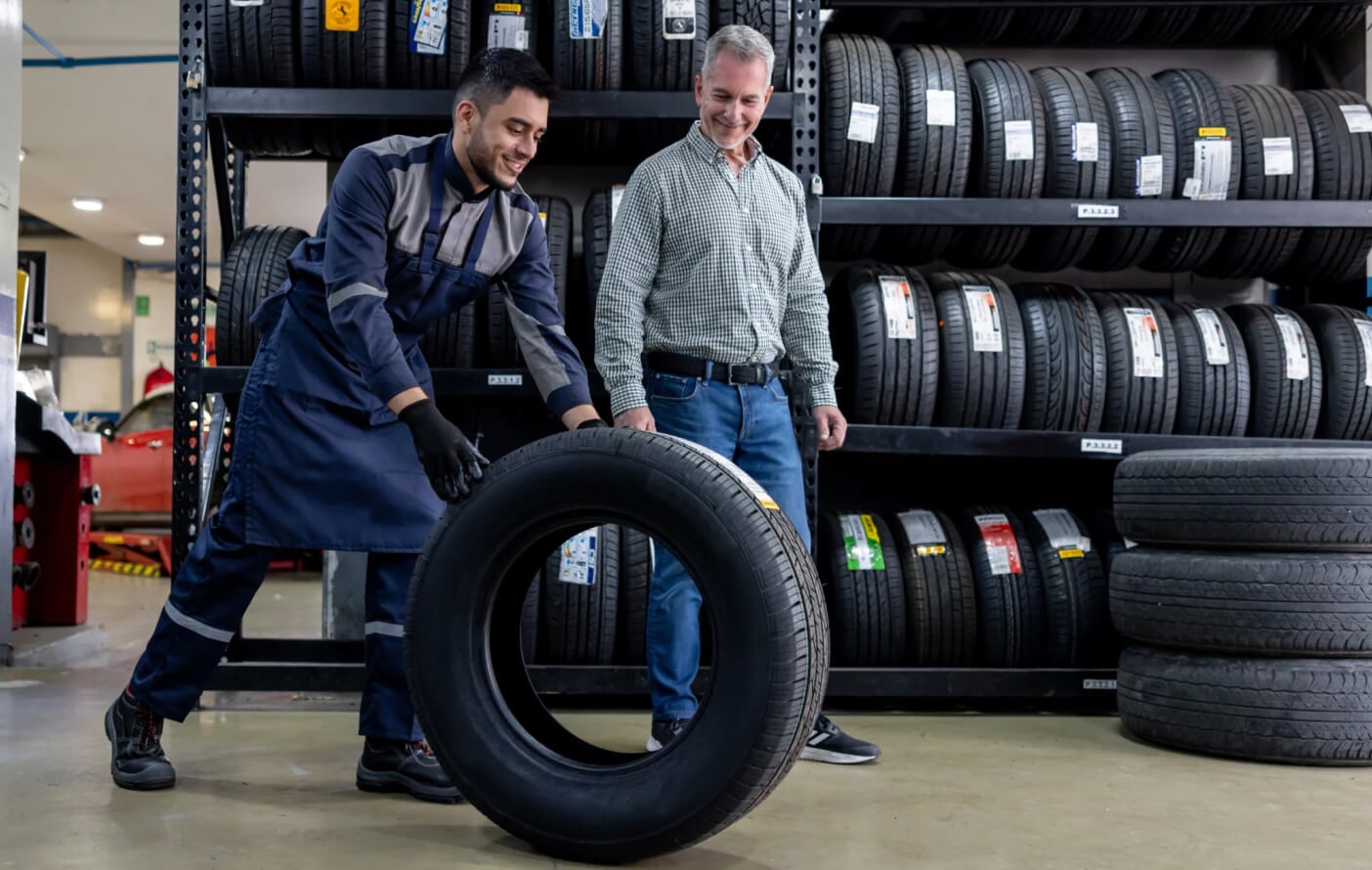 A low angle image of an Acura Service Technician rolling a tire along a shop floor while a customer walks alongside.