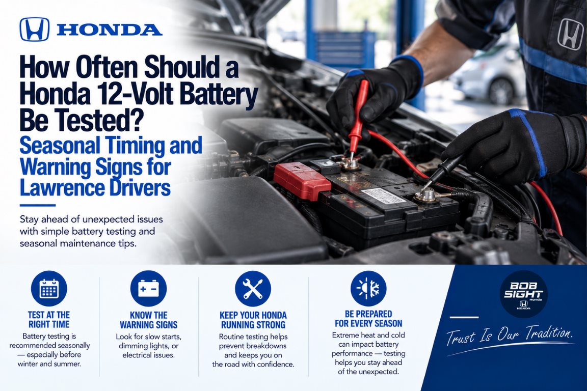 Honda 12-volt battery testing in Lawrence KS and how often drivers should have their vehicle battery checked at Bob Sight Honda