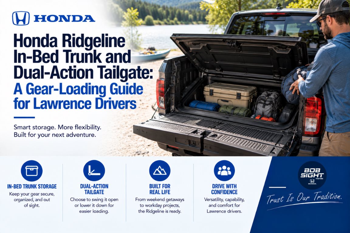 Honda Ridgeline In-Bed Trunk and dual-action tailgate gear-loading guide for Lawrence KS drivers at Bob Sight Honda