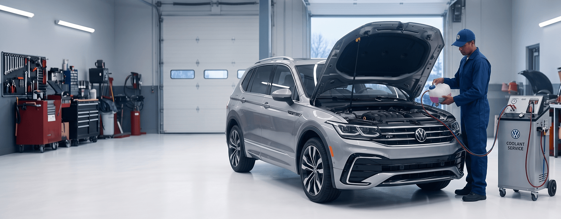 Technician pouring fresh coolant into a silver Volkswagen Tiguan with the hood raised, beside a Volkswagen coolant service machine