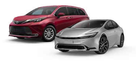 Red Toyota Sienna minivan and silver Toyota Prius hatchback side by side