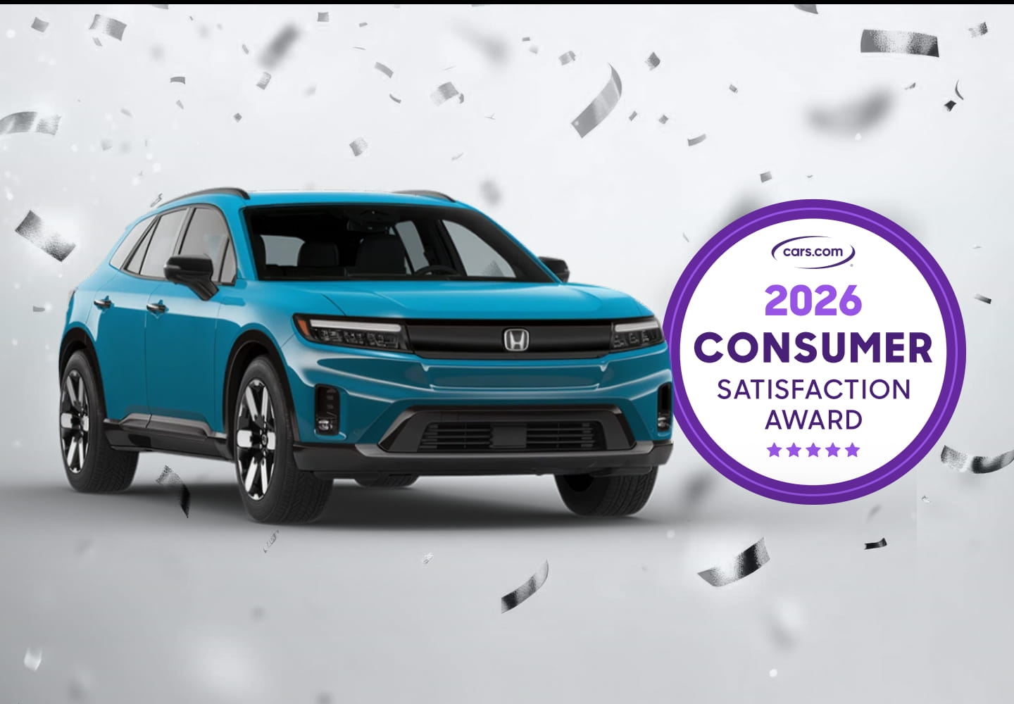 Blue SUV alongside a 2026 Consumer Satisfaction Award with celebratory confetti.