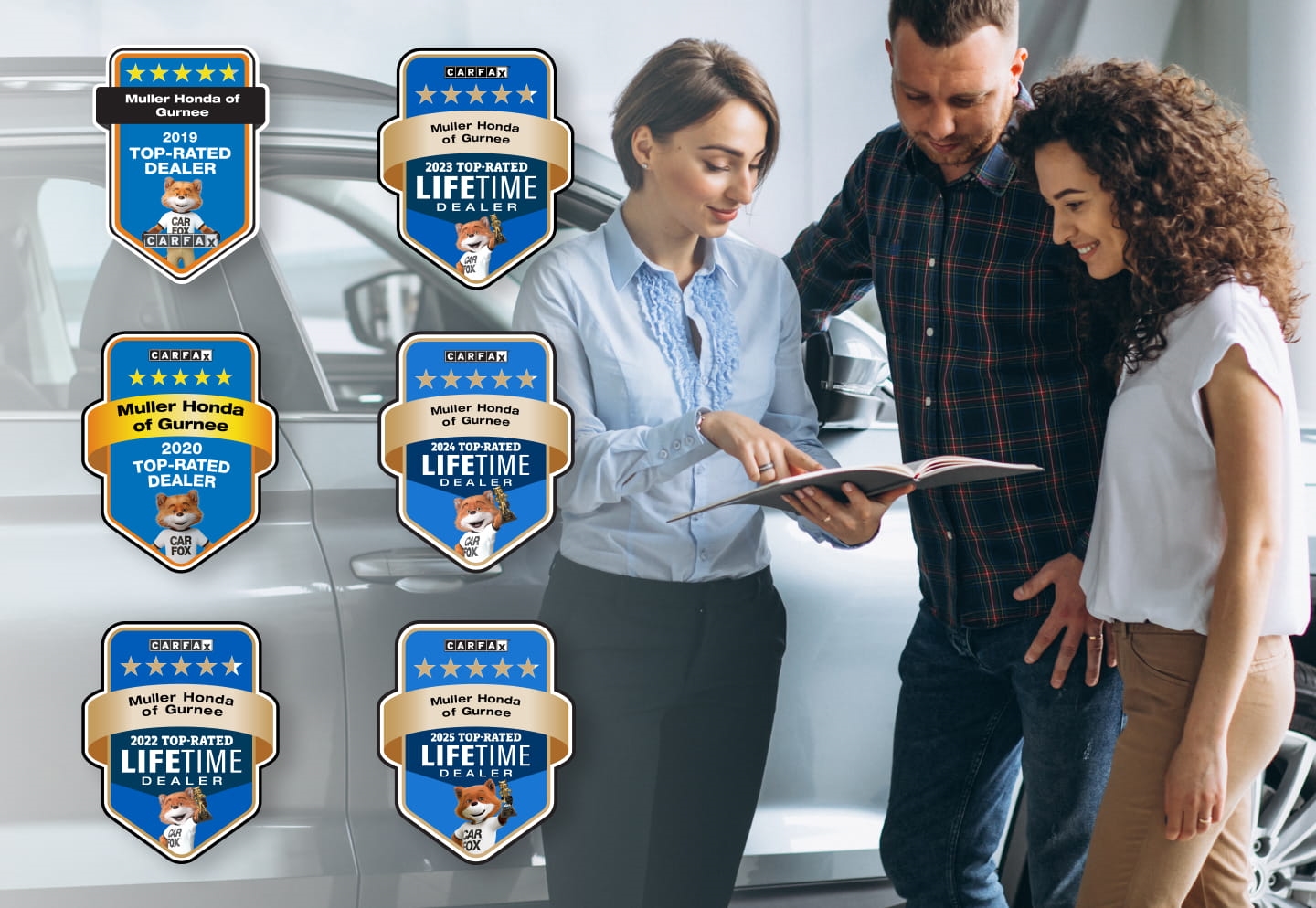 Salesperson assisting a couple beside a vehicle alongside six CARFAX Top-Rated Dealer awards.