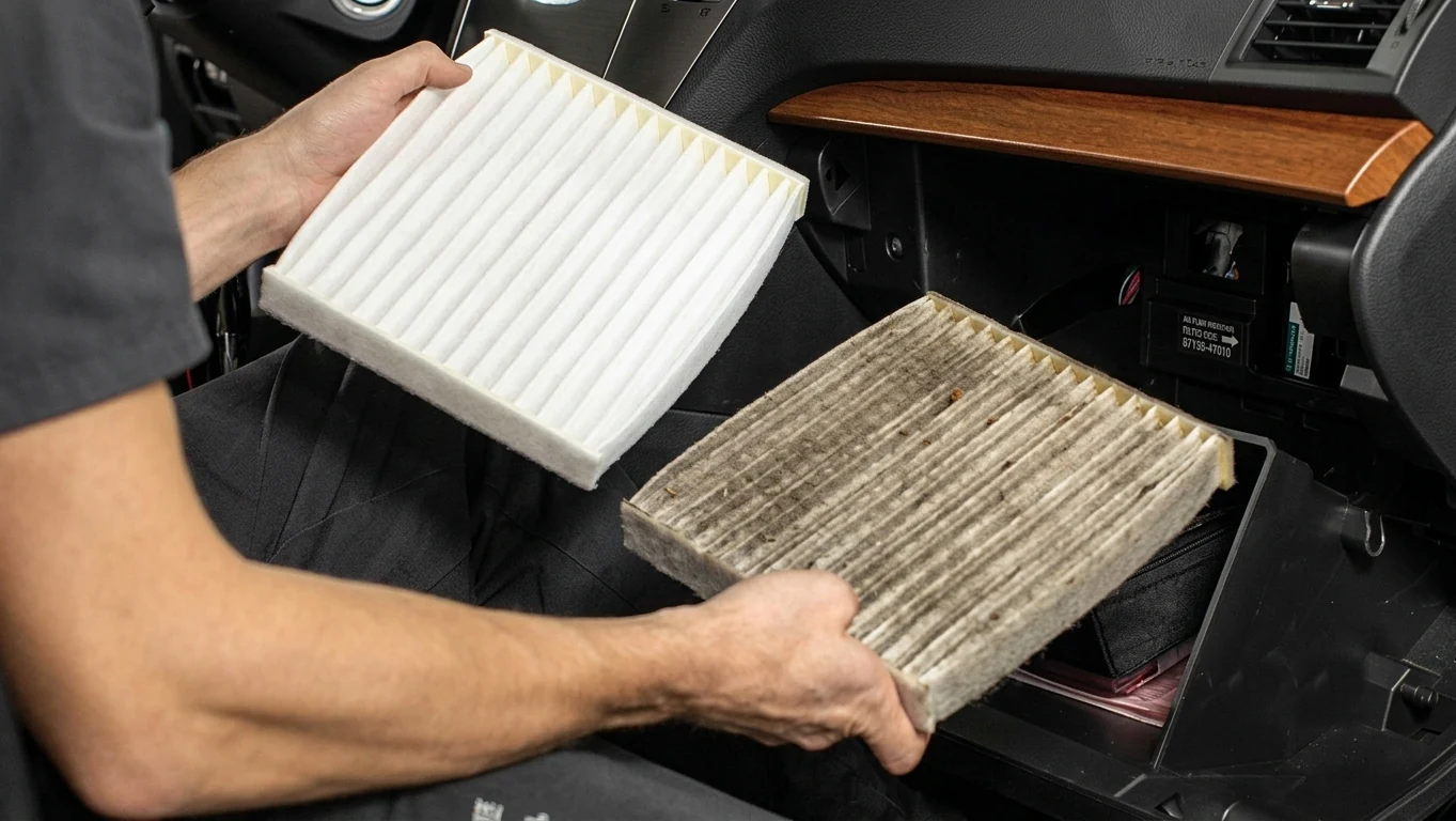 A clean pleated cabin air filter held next to a grey, dust-loaded one removed from a vehicle