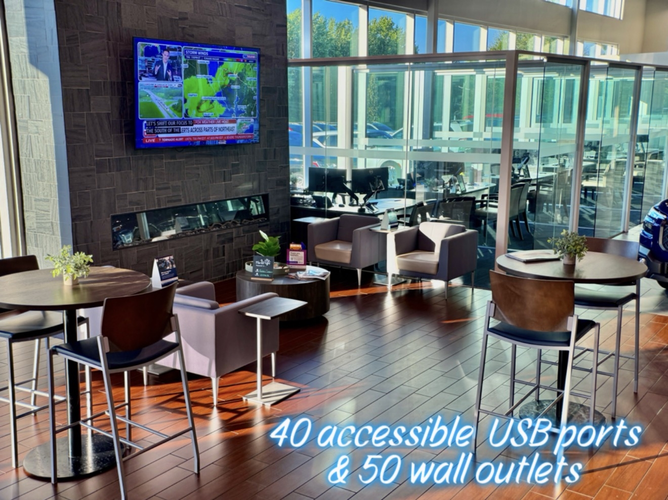 Subaru of Gwinnett customer lounge with USB ports and wall outlets