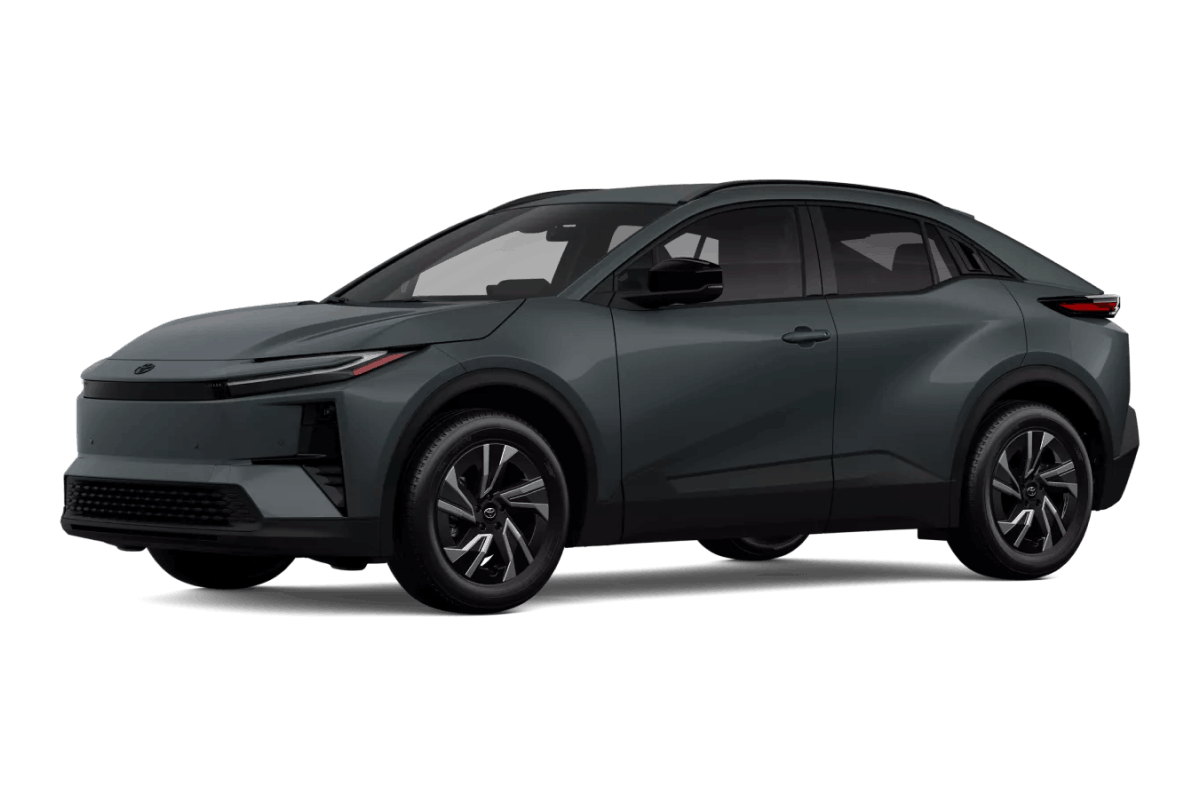 Gray Toyota C-HR electric SUV shown from a front three-quarter view.