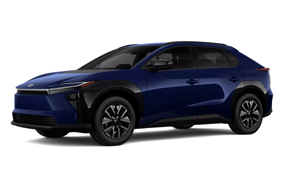 Blue Toyota bZ electric SUV shown from a front three-quarter view.