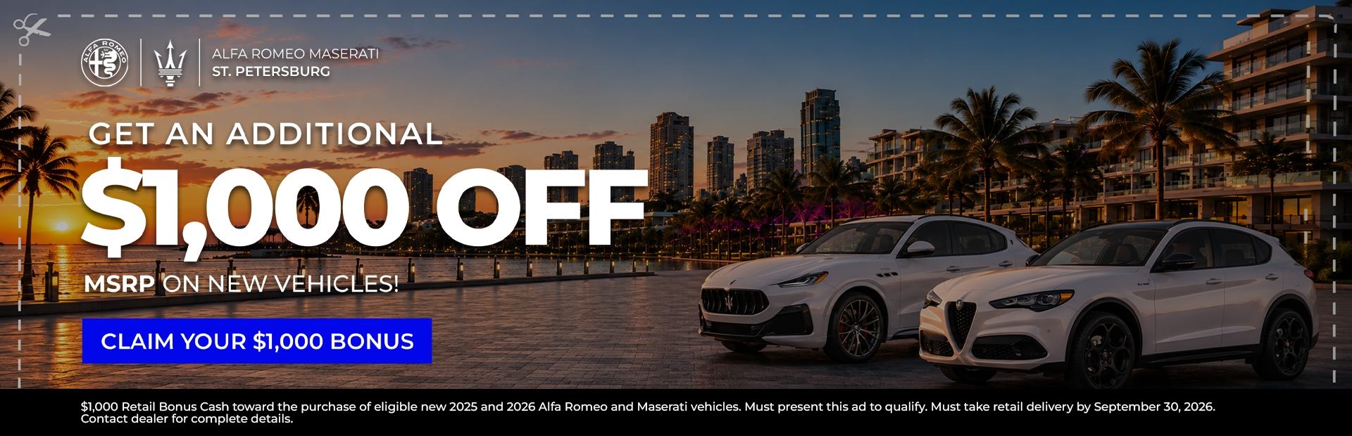 $1,000 new vehicle bonus at Alfa Romeo Maserati St. Petersburg