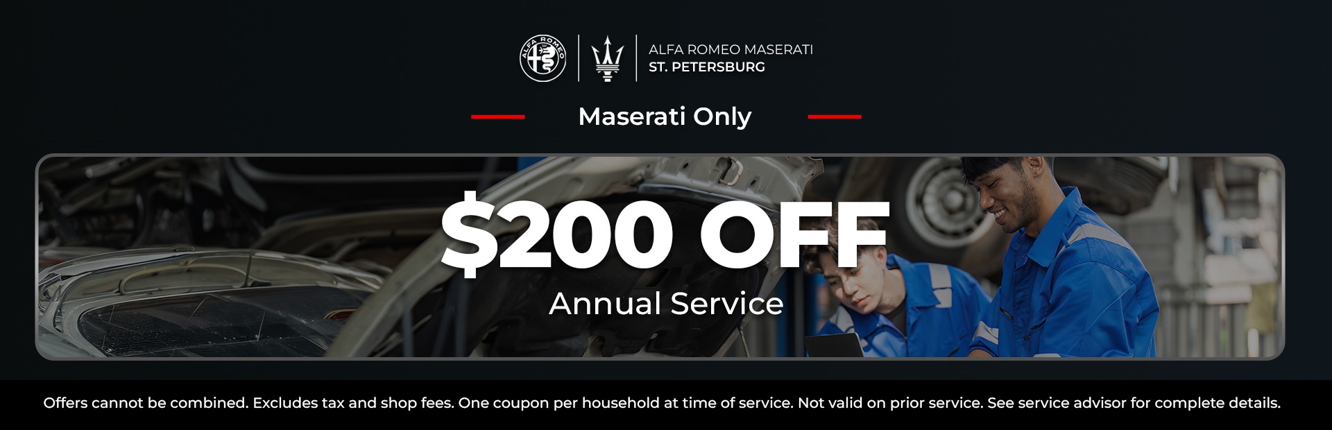 Maserati annual service special with $200 off in St. Petersburg, Florida