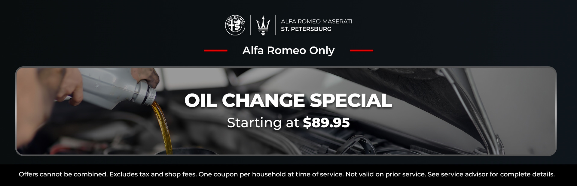 Alfa Romeo oil change special starting at $89.95 in St. Petersburg, Florida