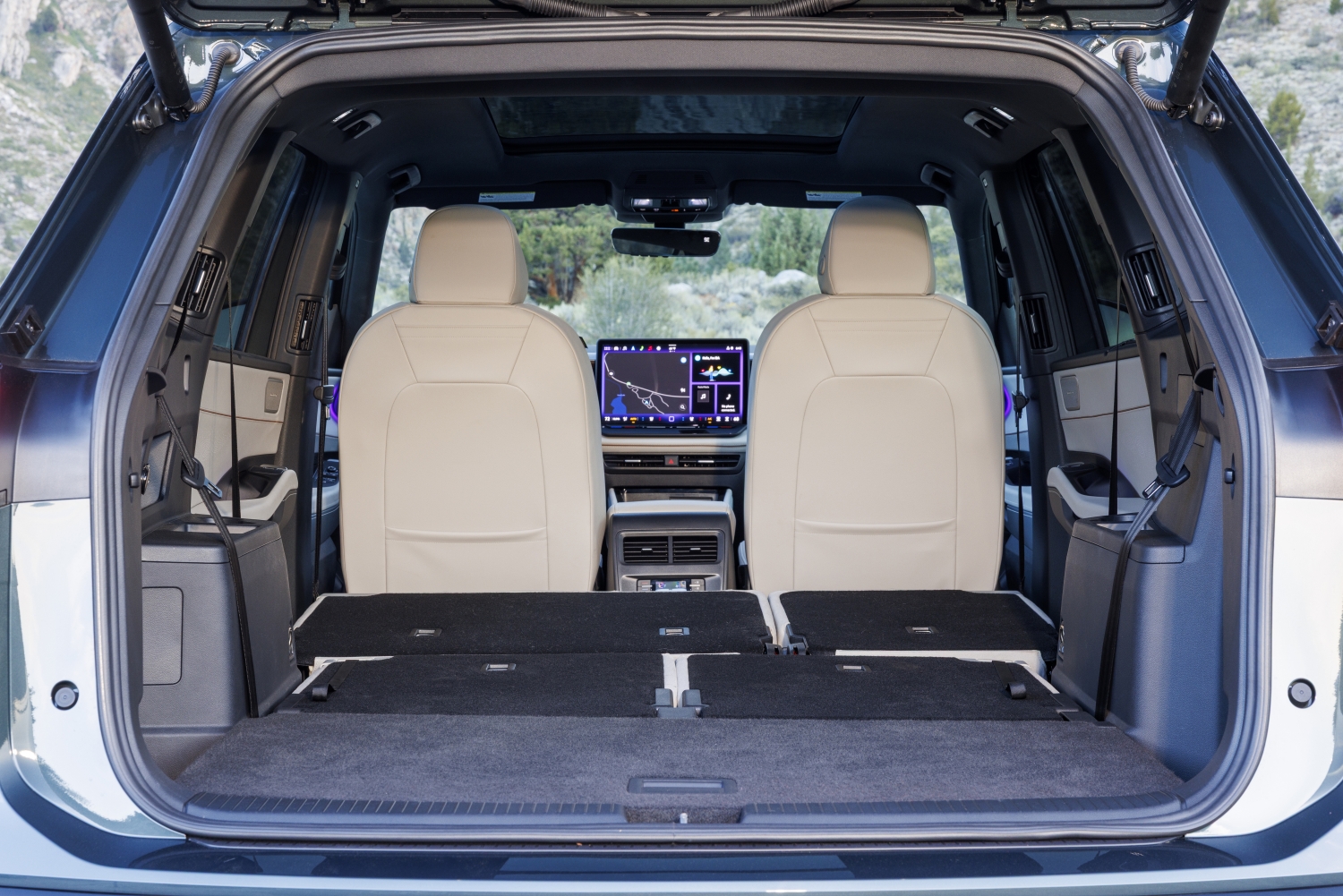 Volkswagen Atlas interior with the second and third rows folded flat for cargo