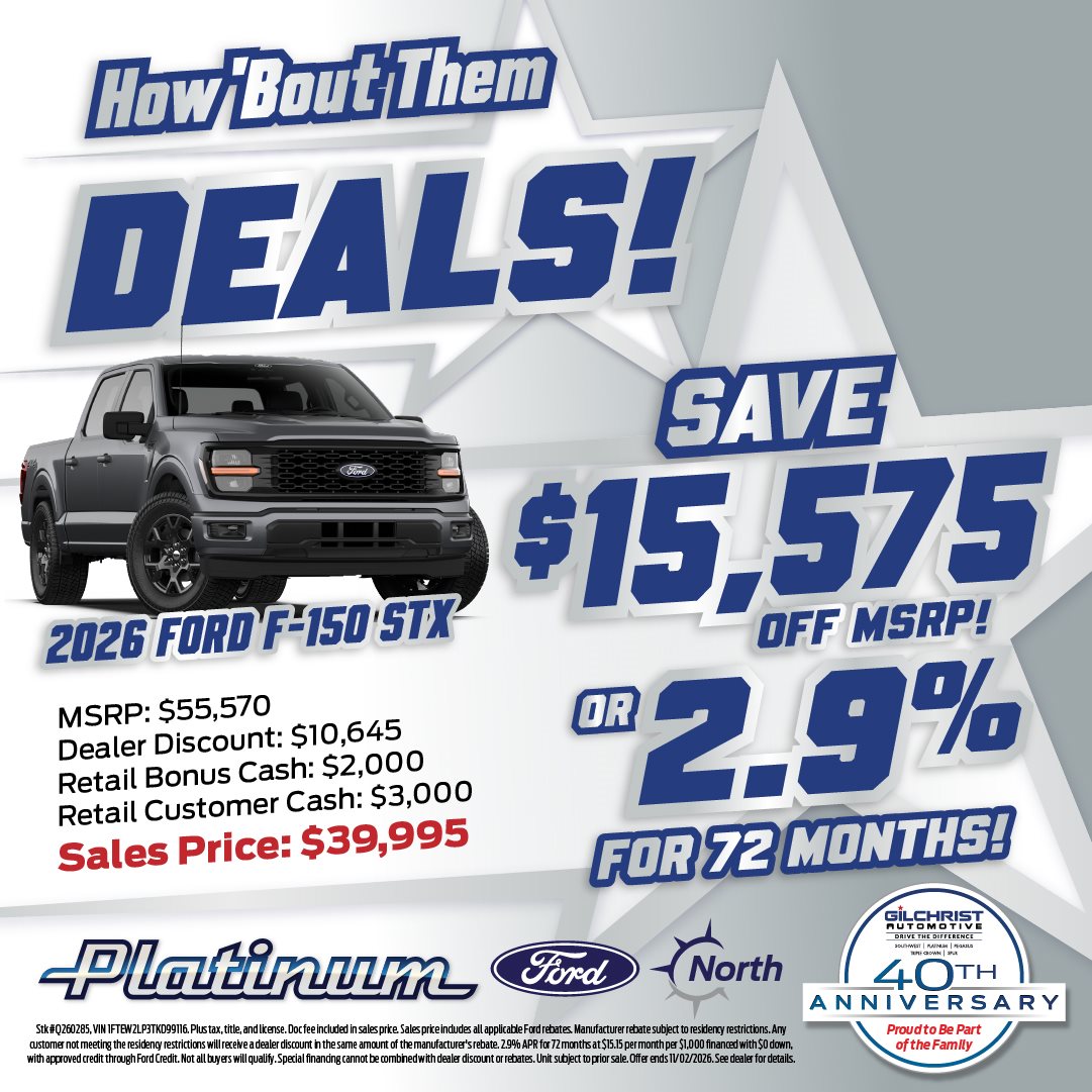 2026 Ford F-150 STX, save $15,575 off MSRP at Platinum Ford North