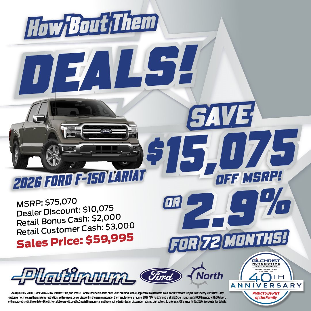 2026 Ford F-150 Lariat, save $15,075 off MSRP at Platinum Ford North