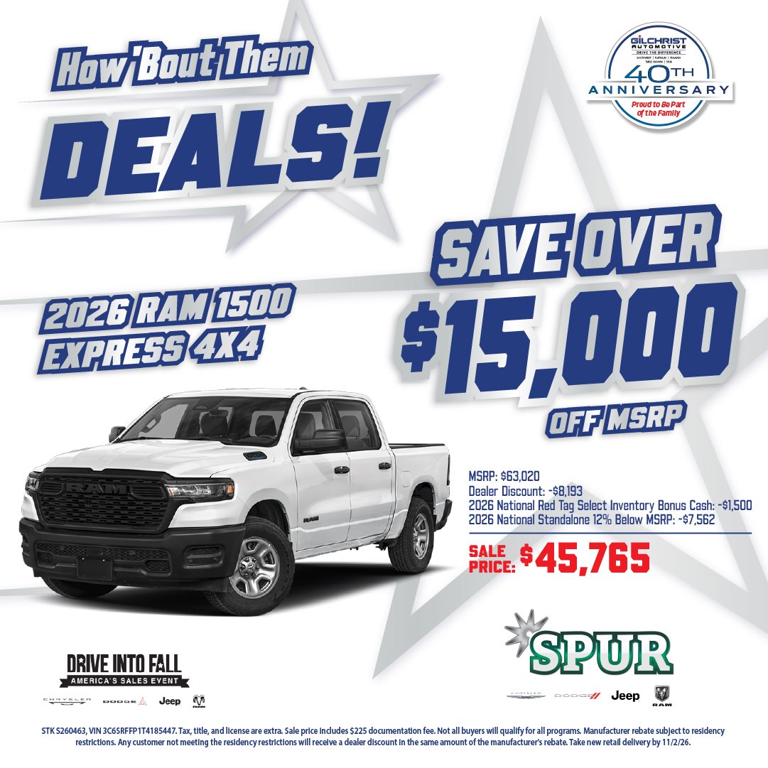 2026 Ram 1500 Express 4x4, save Over $15,000 Off MSRP at Spur Chrysler Dodge Jeep RAM