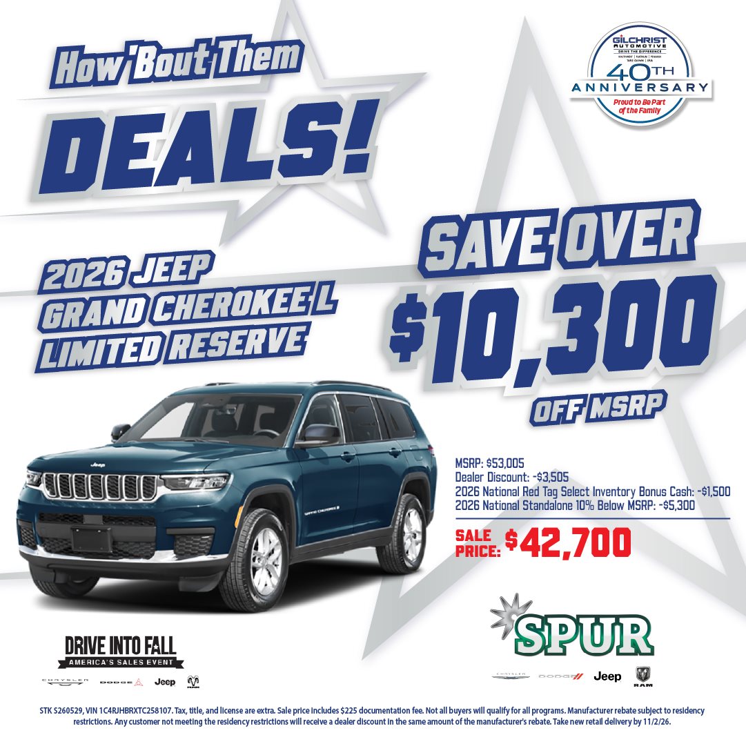 2026 Jeep Grand Cherokee L Limited Reserve, save Over $10,300 Off MSRP at Spur Chrysler Dodge Jeep RAM
