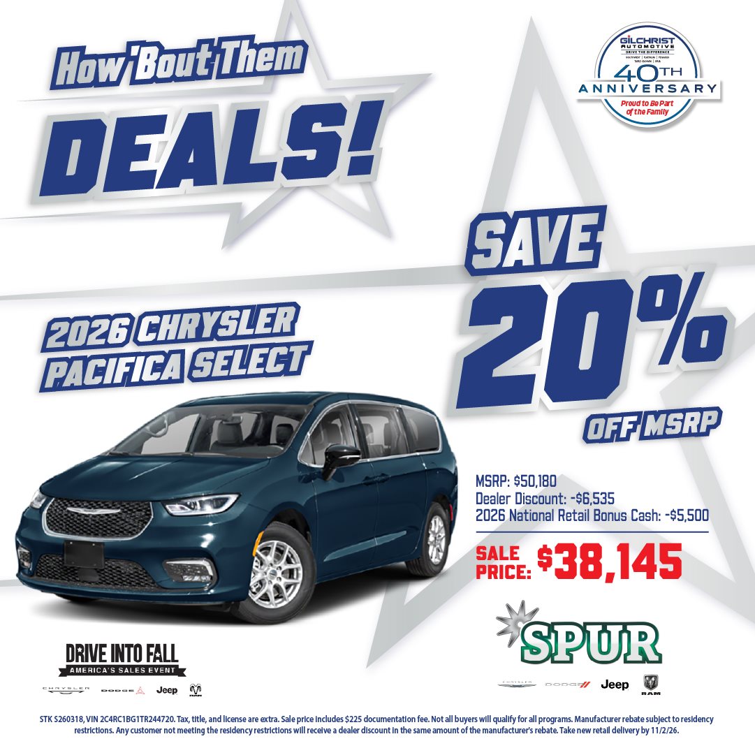 2026 Chrysler Pacifica Select, save 20% Off MSRP at Spur Chrysler Dodge Jeep RAM