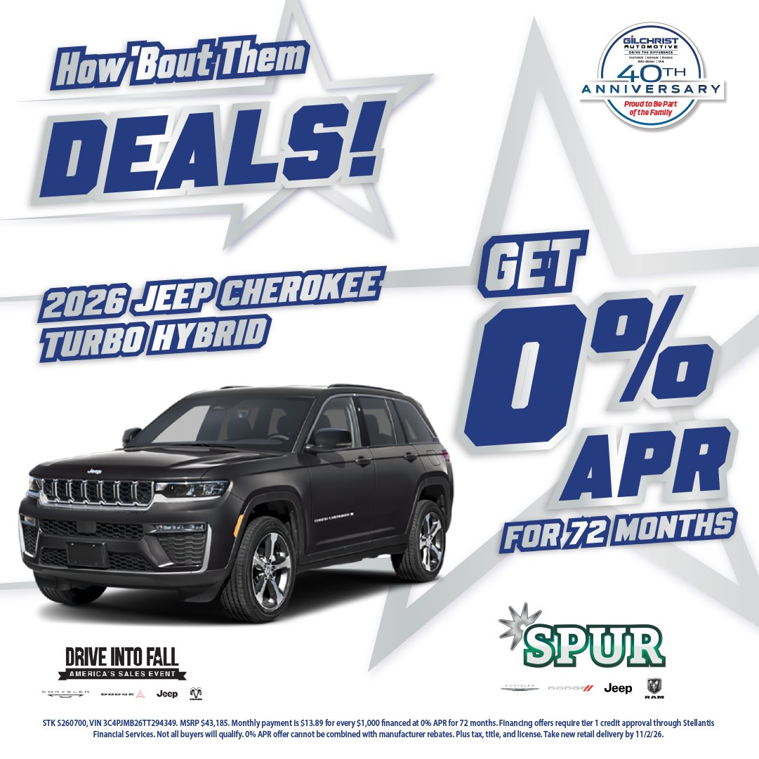 2026 Jeep Cherokee Turbo Hybrid, get 0% APR for 72 Months at Spur Chrysler Dodge Jeep RAM