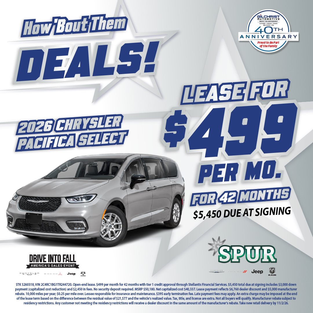 2026 Chrysler Pacifica Select, lease for $499/mo at Spur Chrysler Dodge Jeep RAM