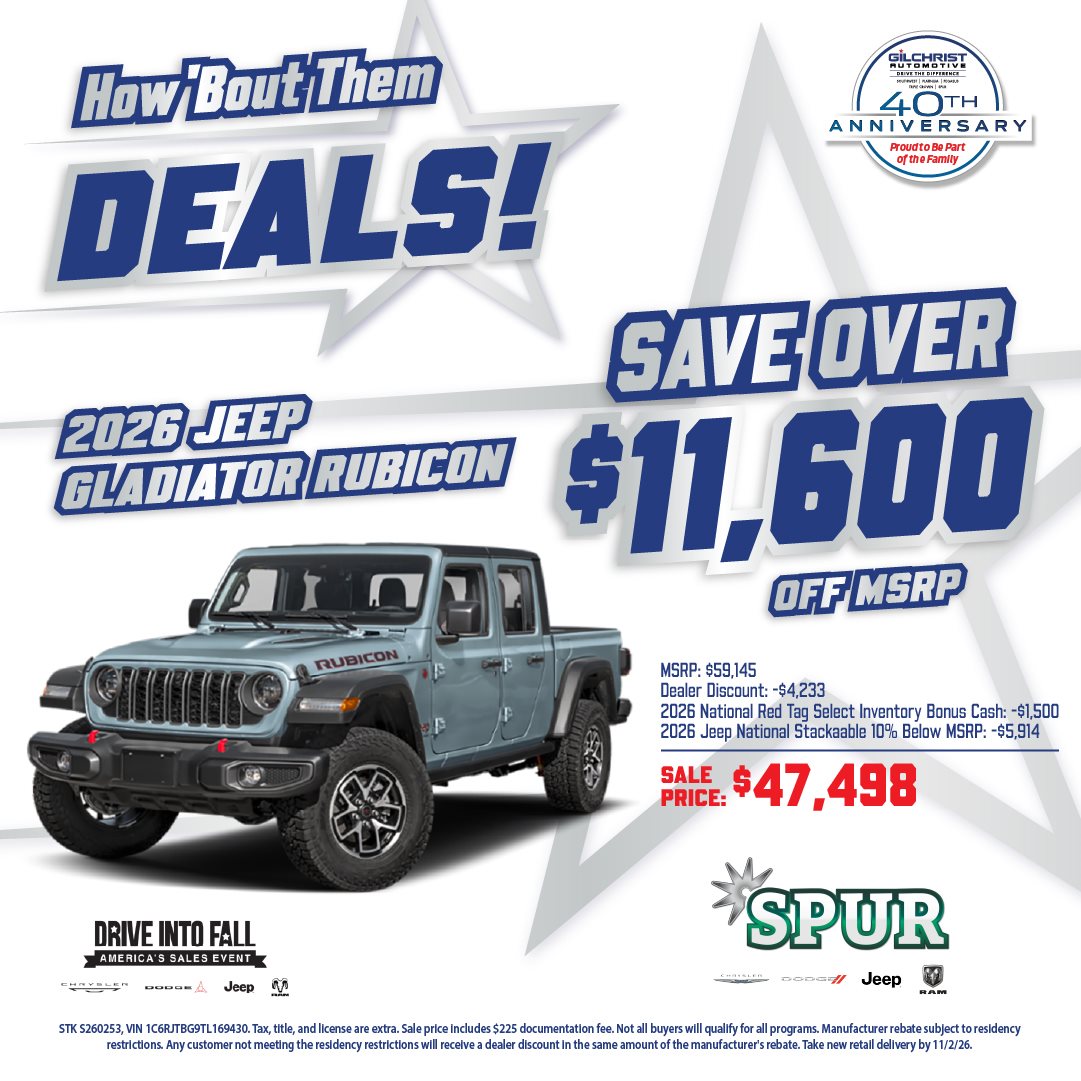2026 Jeep Gladiator Rubicon, save Over $11,600 Off MSRP at Spur Chrysler Dodge Jeep RAM