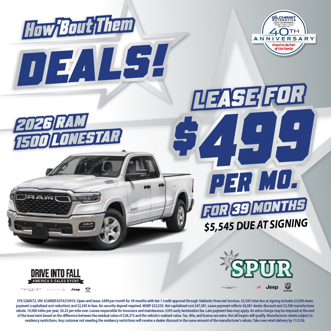 2026 Ram 1500 Lone Star, lease for $499/mo at Spur Chrysler Dodge Jeep RAM