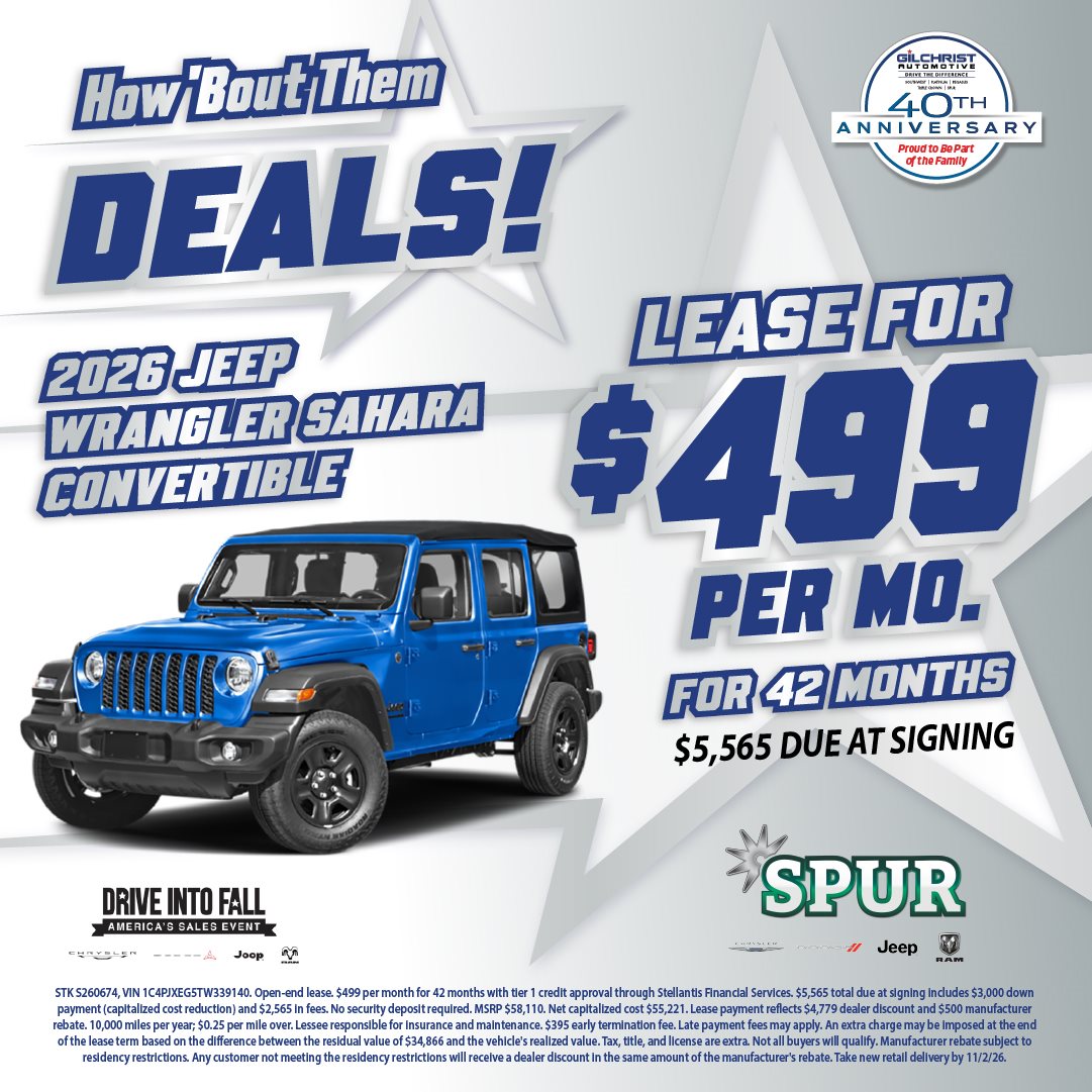2026 Jeep Wrangler Sahara, lease for $499/mo at Spur Chrysler Dodge Jeep RAM