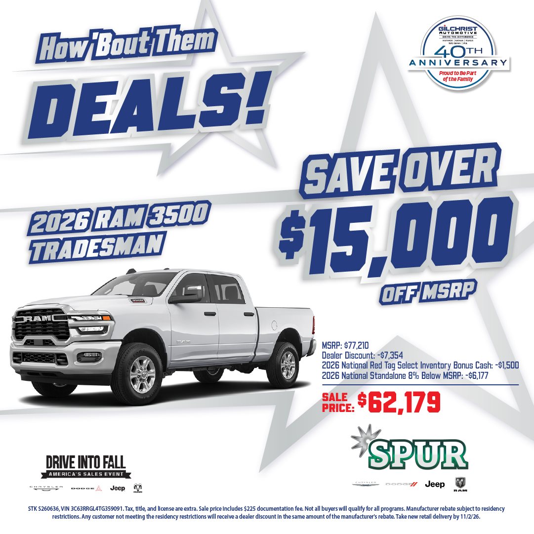 2026 Ram 3500 Tradesman, save Over $15,000 Off MSRP at Spur Chrysler Dodge Jeep RAM