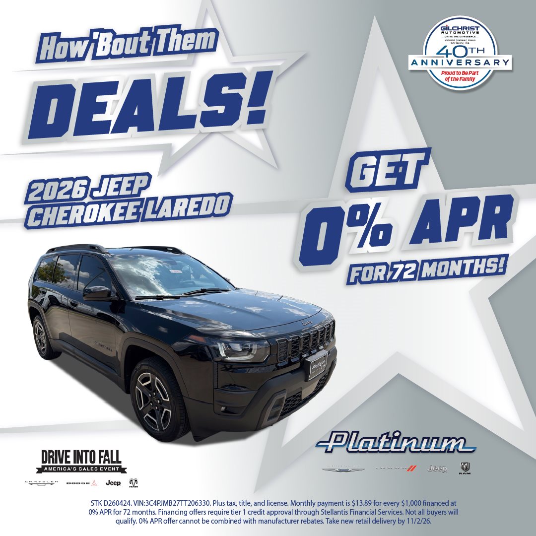 2026 Jeep Cherokee Laredo, get 0% APR For 72 Months at Platinum Chrysler Dodge Jeep Ram