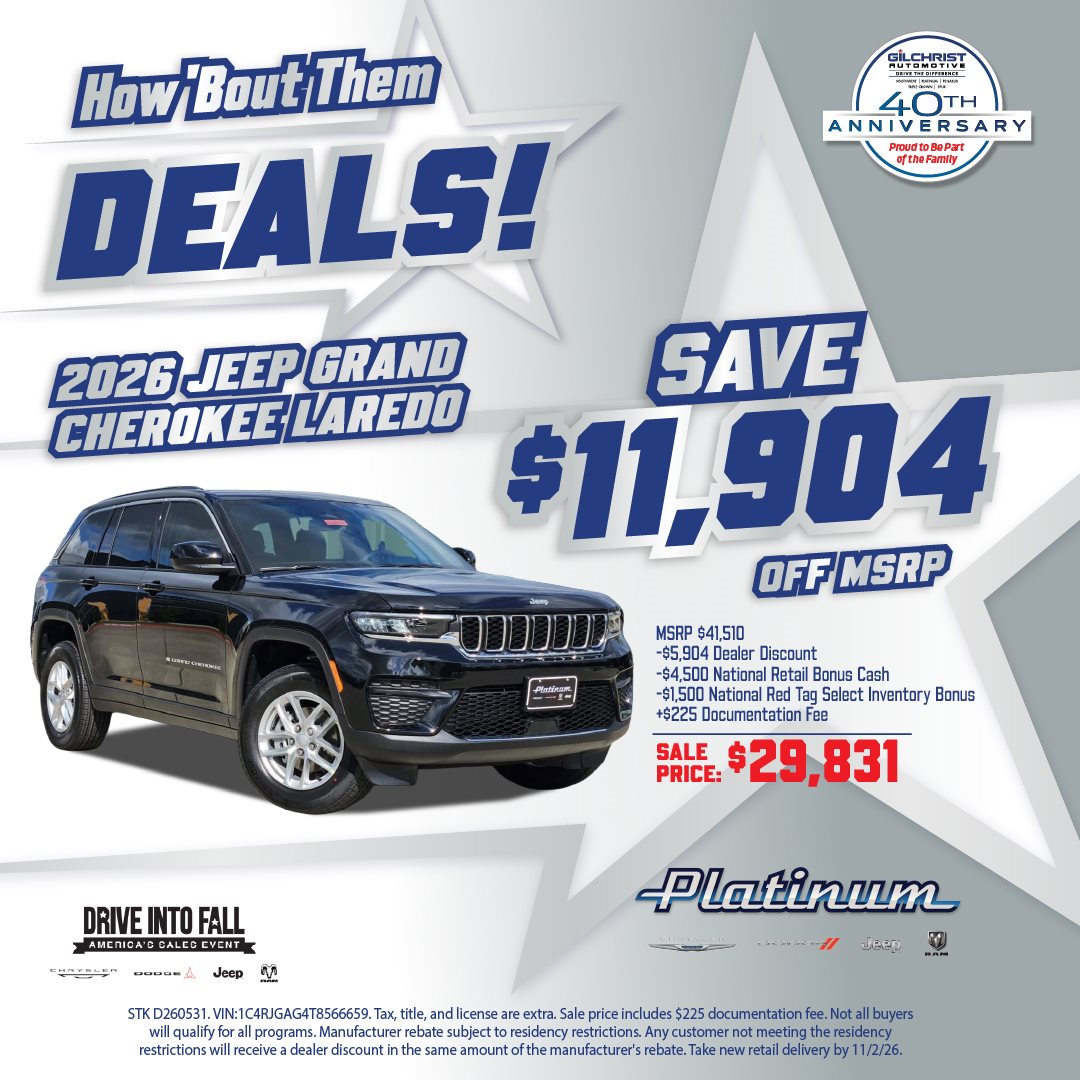 2026 Jeep Grand Cherokee Laredo, save $11,904 at Platinum Chrysler Dodge Jeep Ram