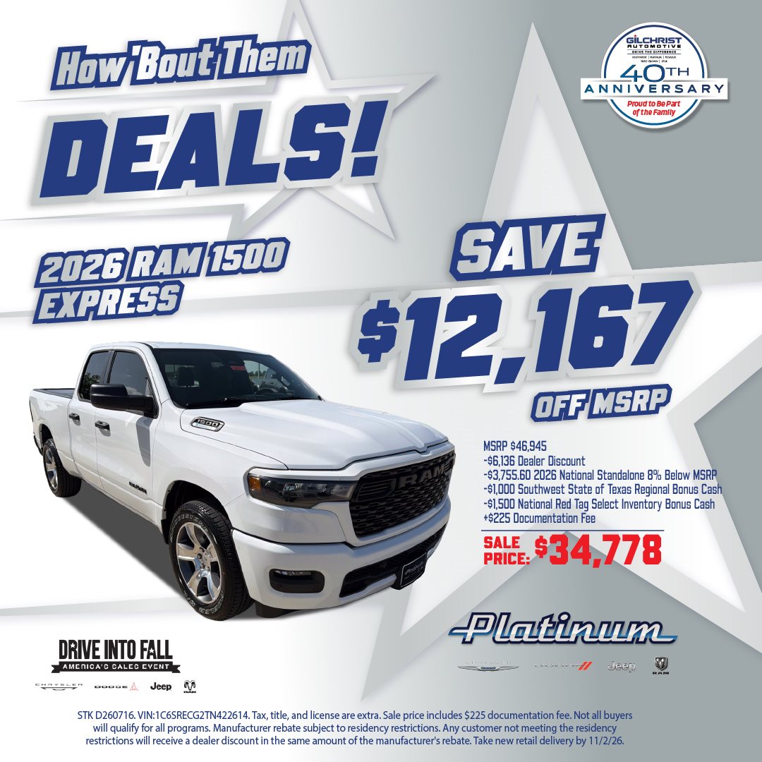 2026 Ram 1500 Express, save $12,167 at Platinum Chrysler Dodge Jeep Ram