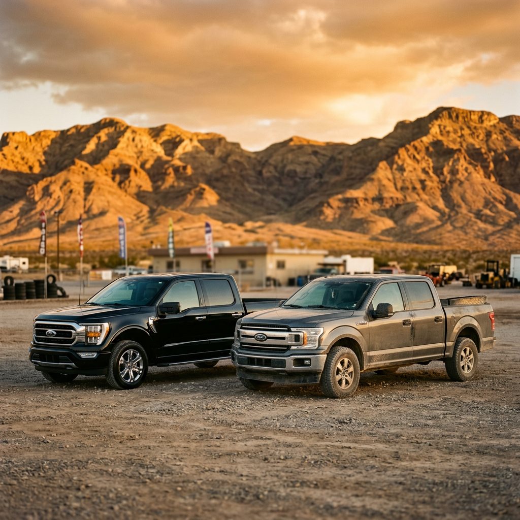 Two Ford pickup trucks parked on a dirt lot before desert mountains