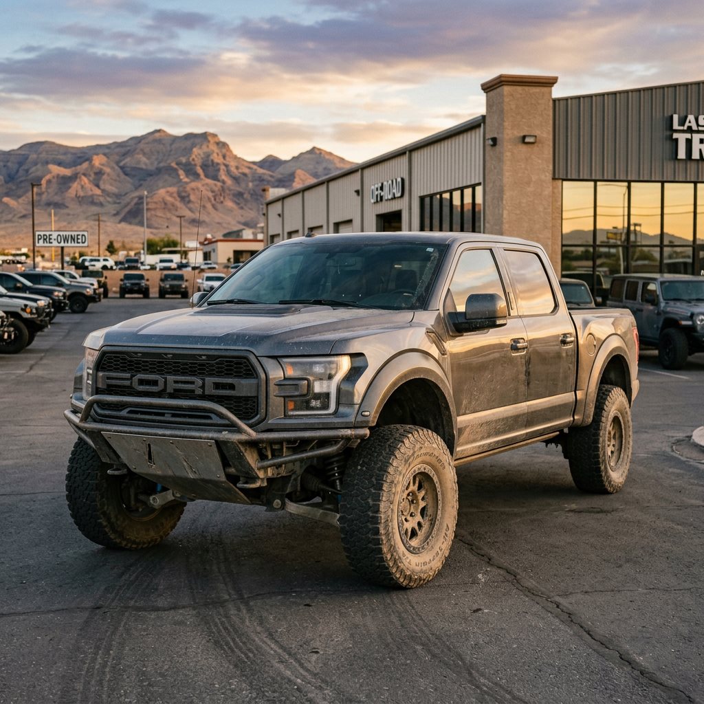 Off-road Ford pickup truck parked outside a dealership with mountains behind it