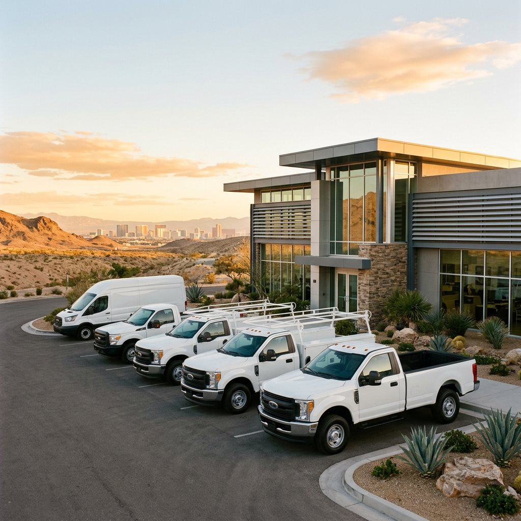 Five white work vehicles parked outside a modern desert office