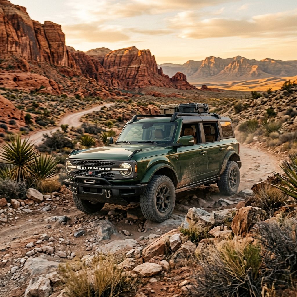 Green off-road SUV on a rocky desert trail beneath red cliffs