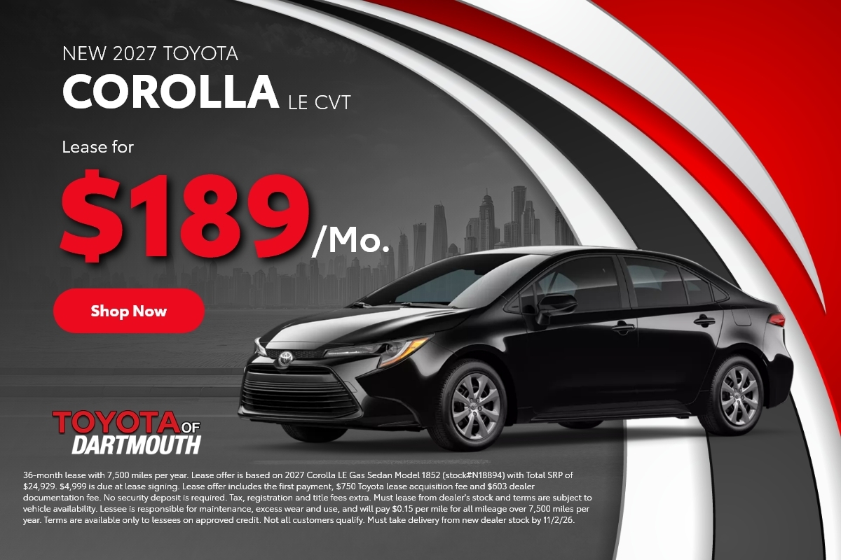 New 2027 Toyota Corolla LE CVT, lease for $189 per month at Toyota of Dartmouth