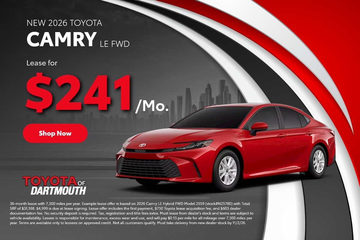 New 2026 Toyota Camry LE FWD, lease for $241 per month at Toyota of Dartmouth