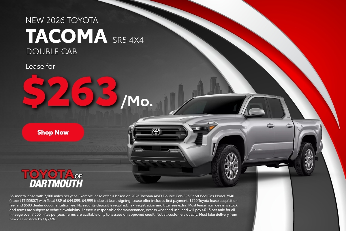 New 2026 Toyota Tacoma SR5 4X4 Double Cab, lease for $263 per month at Toyota of Dartmouth