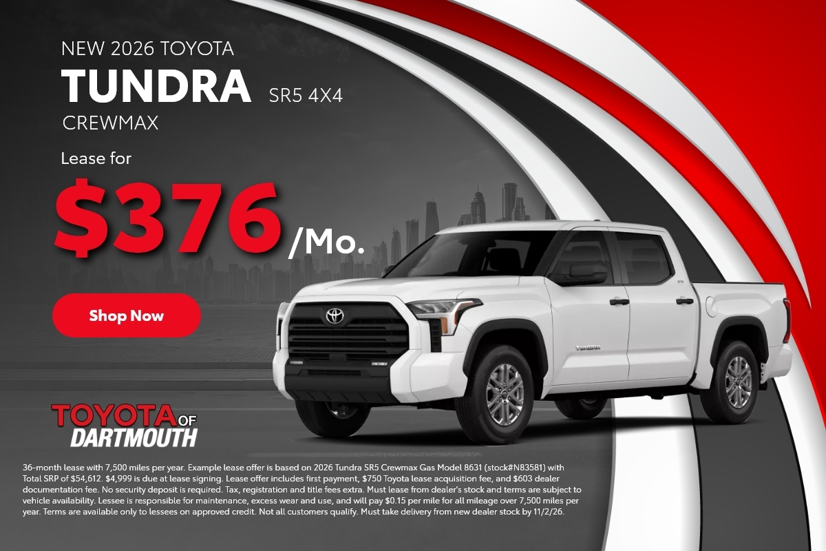 New 2026 Toyota Tundra SR5 4X4 CrewMax, lease for $376 per month at Toyota of Dartmouth