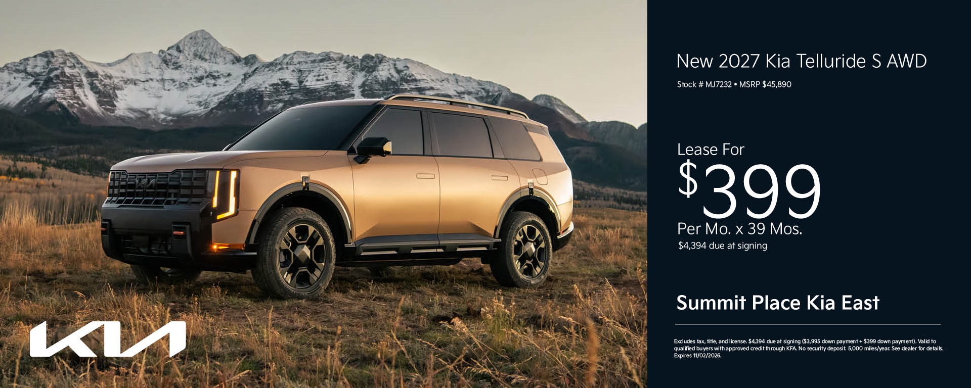 New 2027 Kia Telluride S Lease for $399/mo. for 39 months