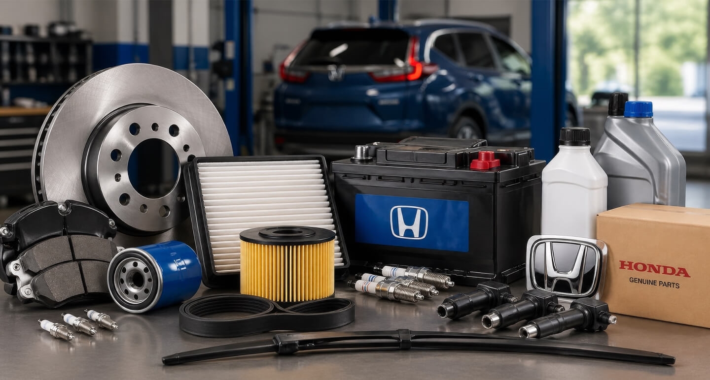 Several genuine Honda auto parts lined up on a table inside a Honda Service Center.