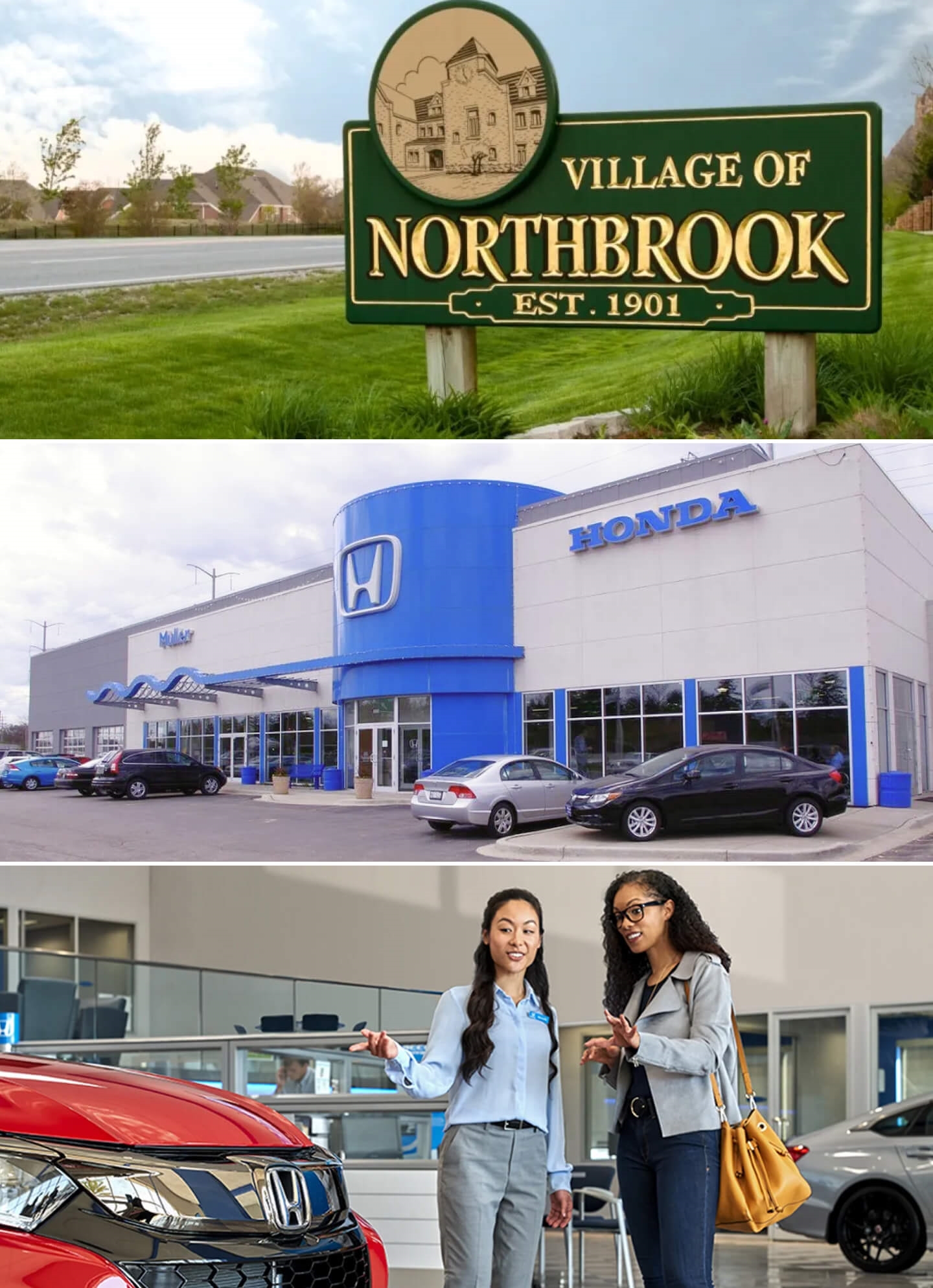 A sign reading Village of Northbrook, a street view of Muller Honda of Highland Park and a Honda sales representative assisting a customer.